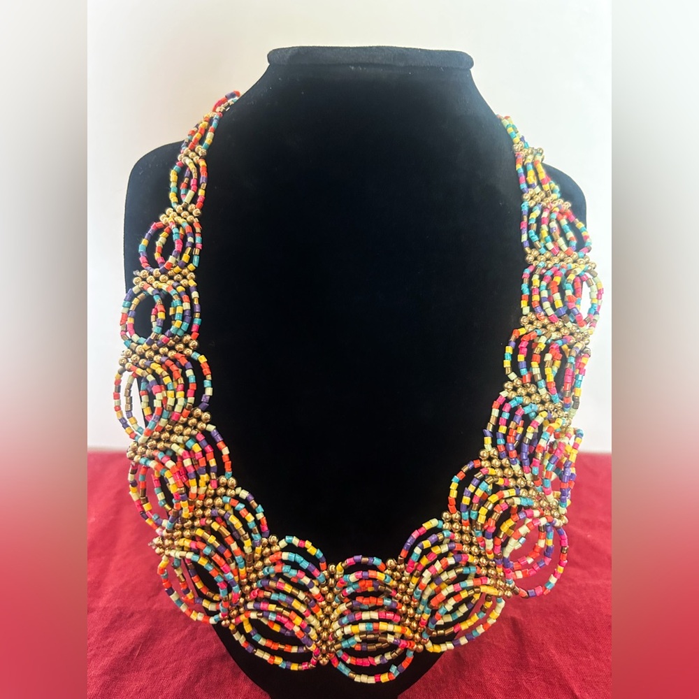 Rare Vintage Multicolored Rainbow Necklace Seed Beads + Gold Accents Bohemian